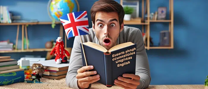 Persona con expresiones de sorpresa leyendo un libro de curiosidades, mientras sostiene una bandera de Reino Unido.