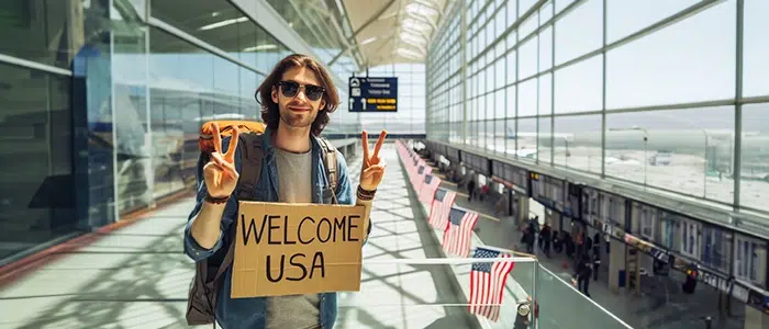 Viajero en un aeropuerto de USA se observan banderas del país.