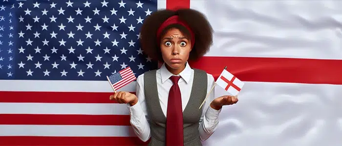 Persona con expresiones de confusión señalando las banderas de Inglaterra y Estados Unidos.