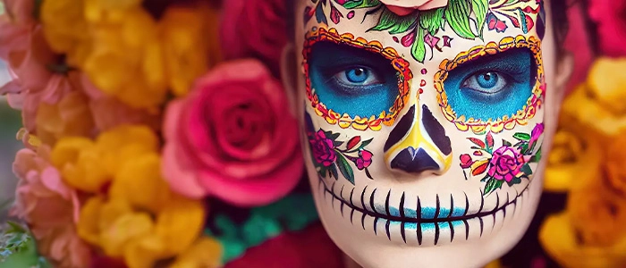 Una persona que en su rostro tiene dibujada una colorida catrina, típico de la cultura mexicana.
